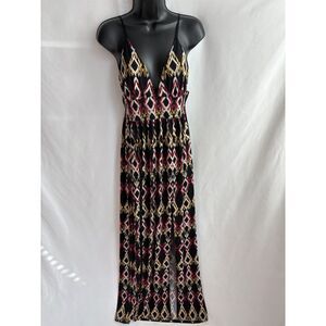2 Hearts Maxi Boho Dress Size L Long Vacation Multicolor Bohemian V Neck Cutout